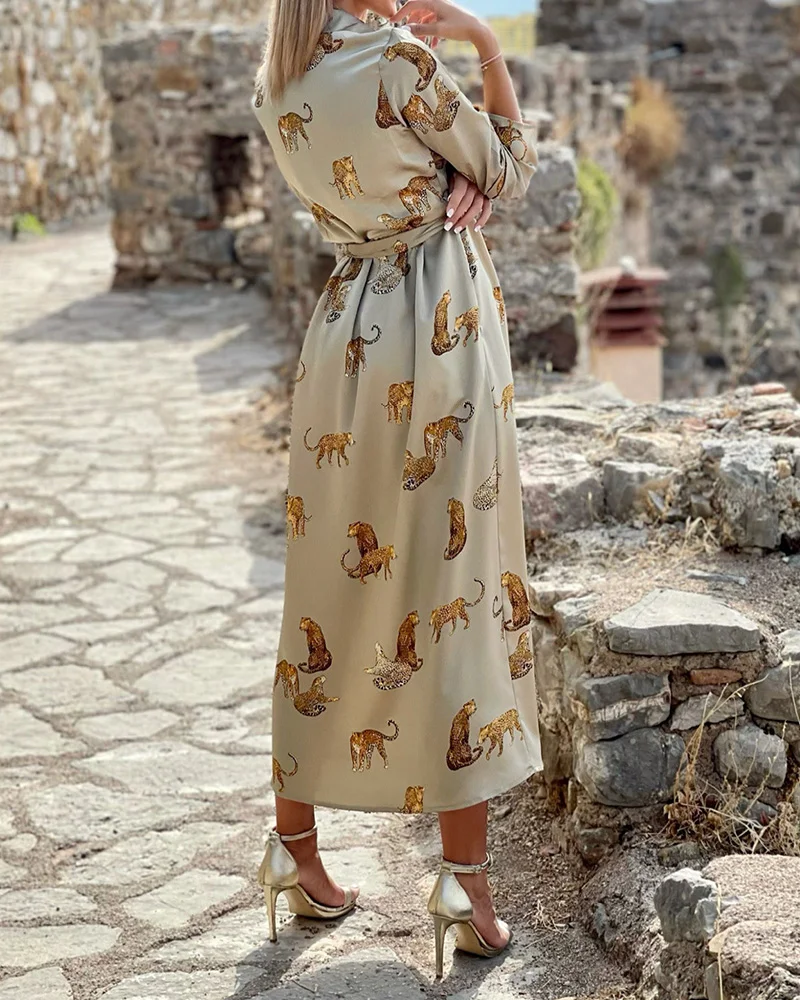 Printed Leopard V-neck Long-sleeved Dress