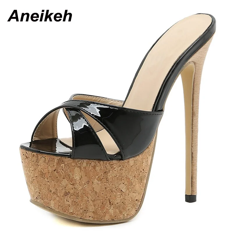 Aneikeh 2021 New Sexy Super High Heel Patent Leather Turned-Over Edge Women Party Shoes Fashion Platform Peep Toe Slip On Mules