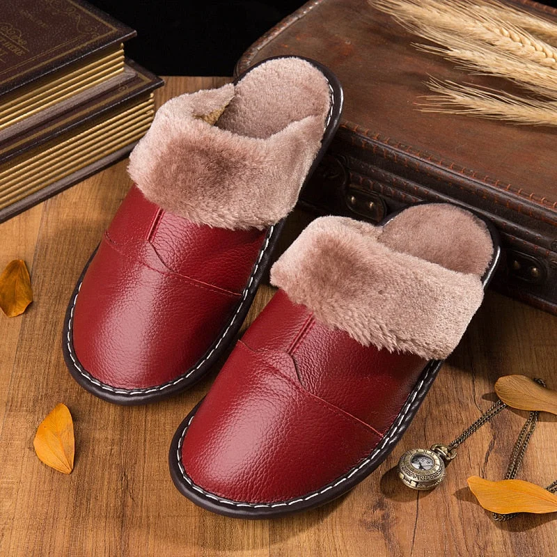 Female Anti-slip Warm Household Slipper Men Leather Slippers In Autumn And Winter Plus Size For 45 Couples Cotton Slippers
