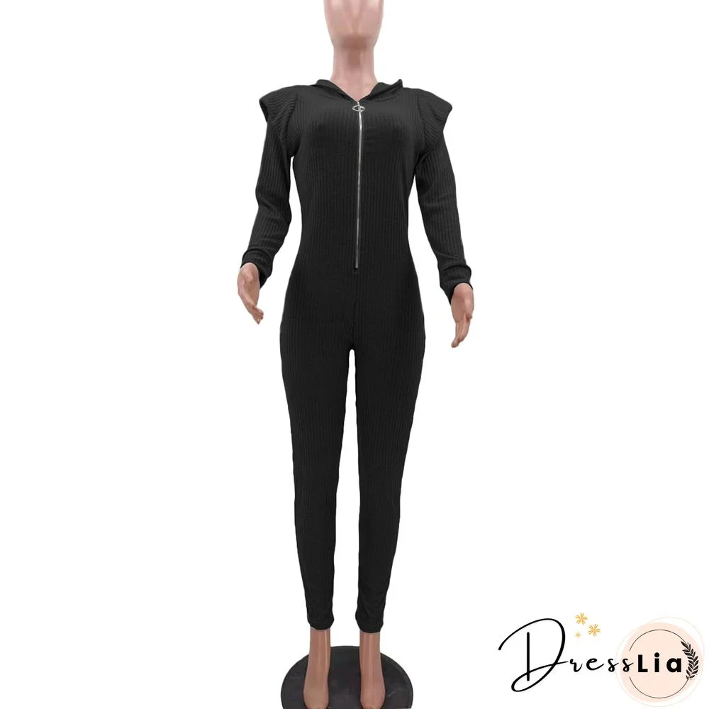 Knitted Long Sleeve Shoulder Padded Hooded Jumpsuit
