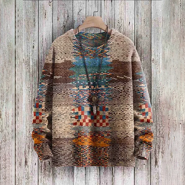 Comstylish Vintage Print Crew Neck Casual Sweater