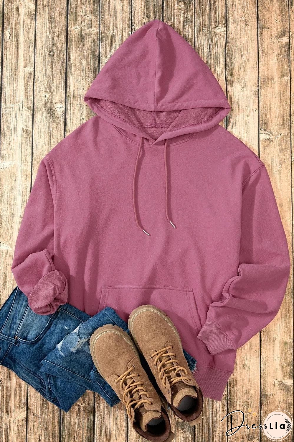 Valerian Solid Kangaroo Pocket Drawstring Loose Fit Hoodie