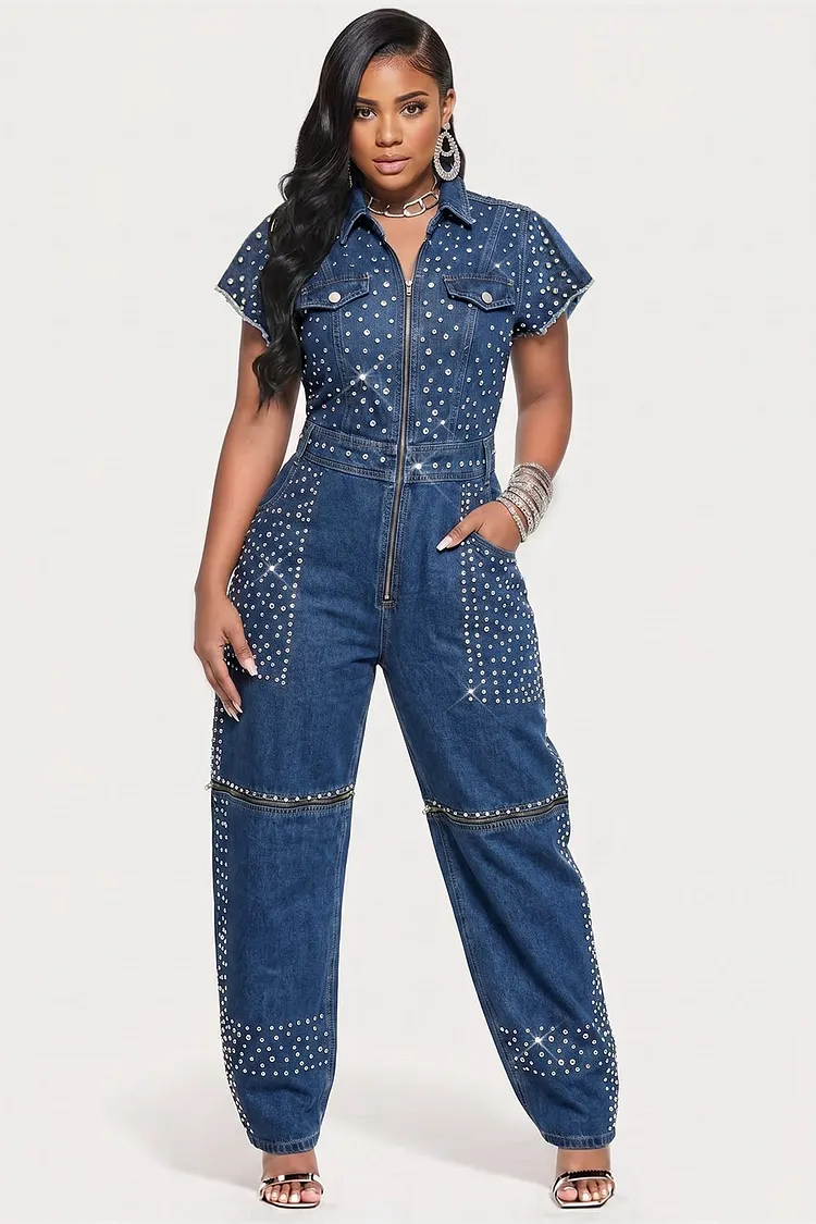 Xpluswear Design Plus Size Party Blue Shirt Collar Short Sleeve Zipper Drilling Denim Jumpsuits 2024 - Xpluswear