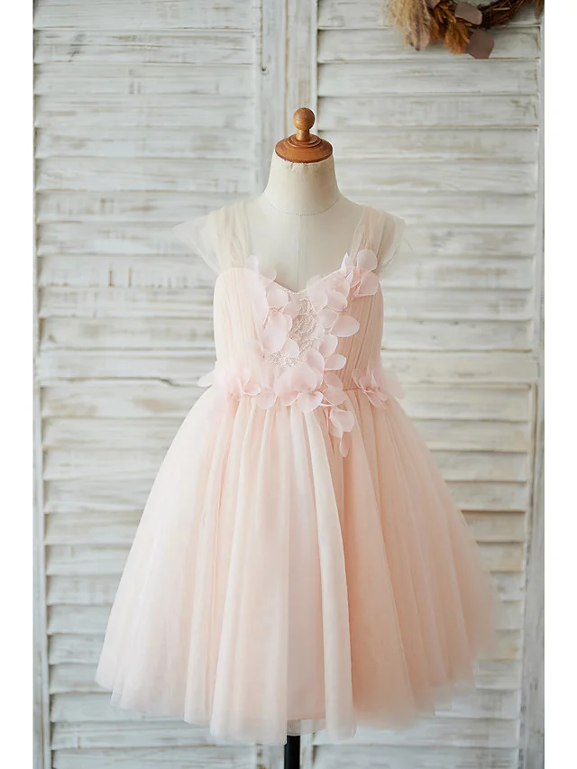 Daisda Cap Sleeve Sweetheart Ball Gown Knee Length Flower Girl Dresses Tulle  With Pearls