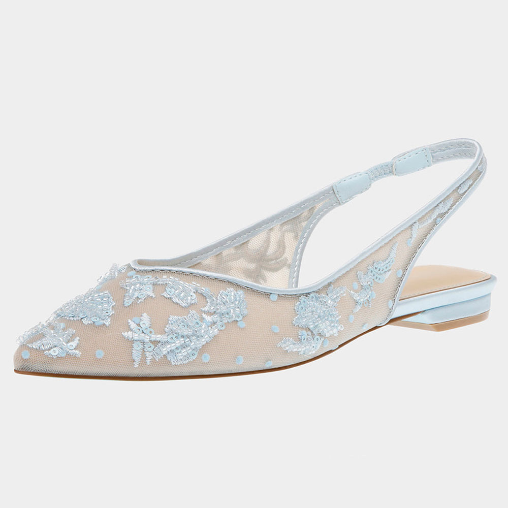 Light Blue Mesh Floral Embroidered Slingback Flat Wedding Shoes Nicepairs