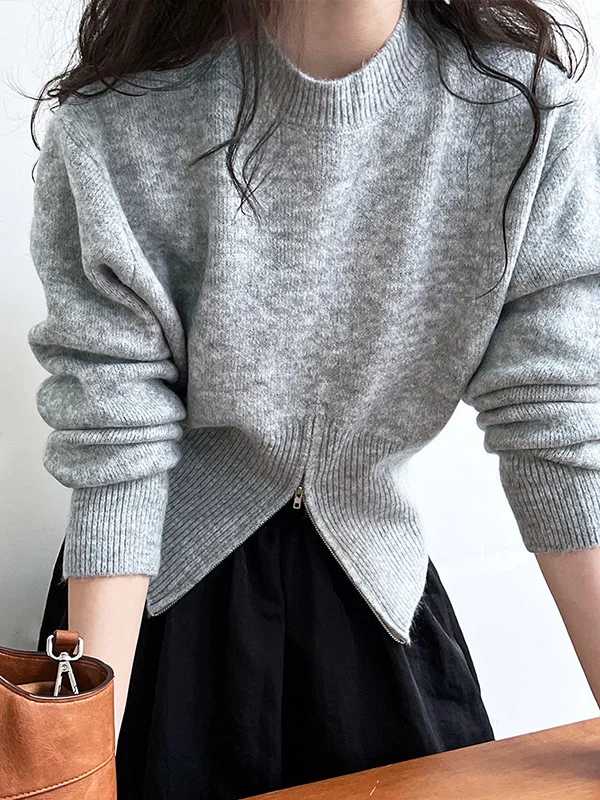 Zipper Solid Color Loose Long Sleeves Mock Neck Sweater Tops Pullovers