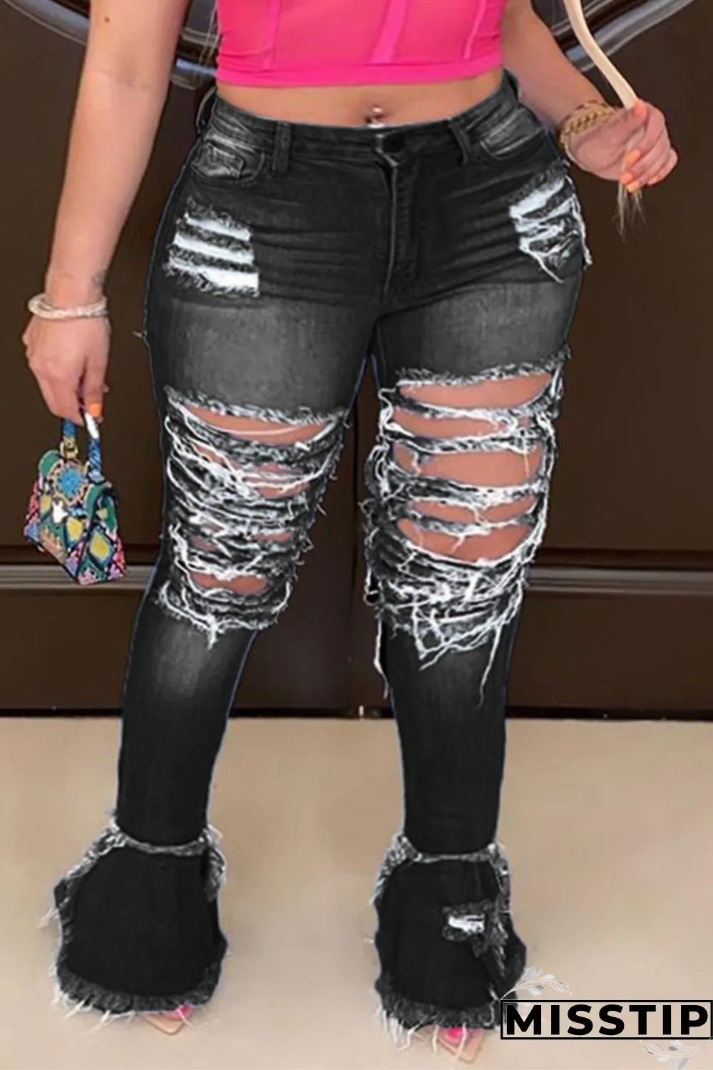 Light Blue Fashion Large Size Broken Hole Denim Trousers