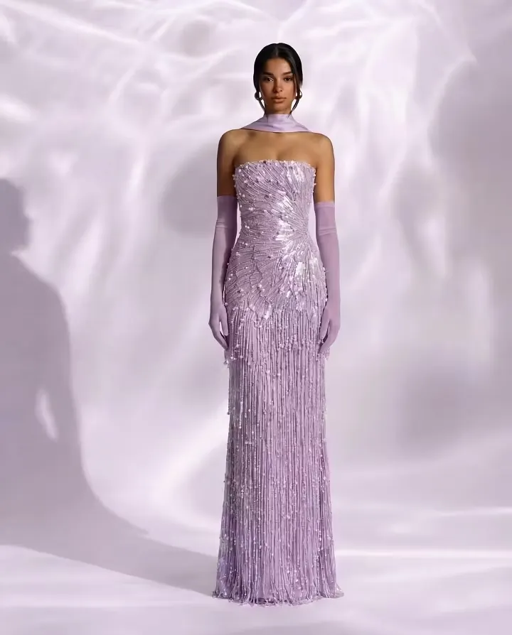 Glamorous Strapless Sleeveless High-Waisted Long mermaid Prom Dress With Tassels And Gloves | XY0142 Wellcucu
