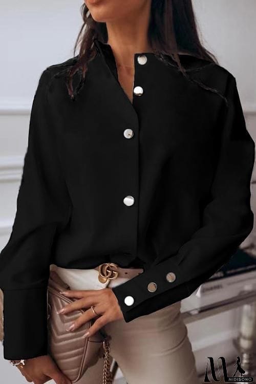 MidiSono - Shirt Collar Long Sleeve Blouse
