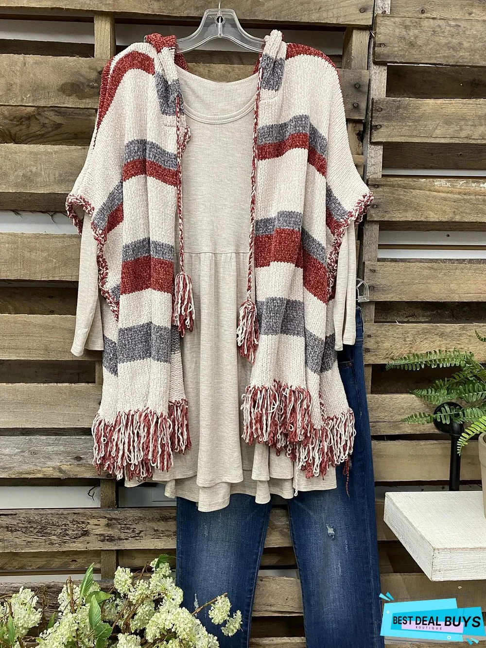 Vintage Hoodie Striped Fringed Plus Size Statement Casual Outwear