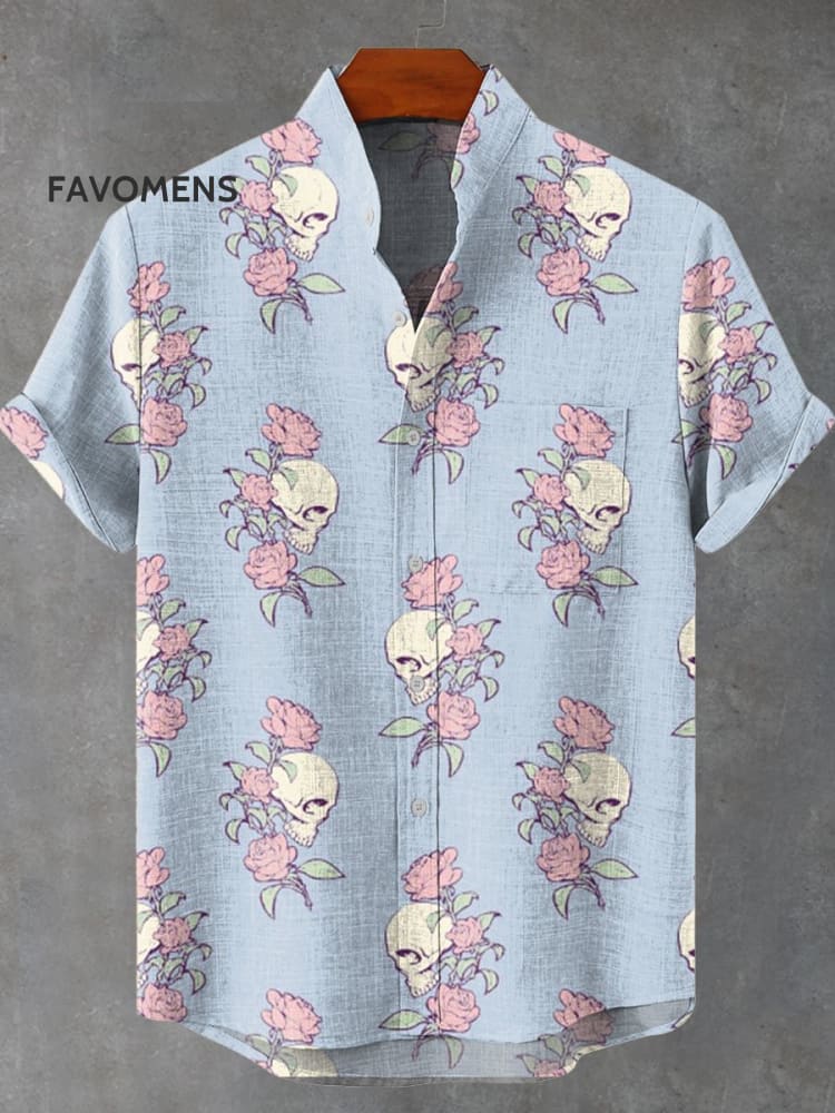 Clear Blue Skull Flowers Vintage Print Casual 100% Cotton Shirt Multicolor / S