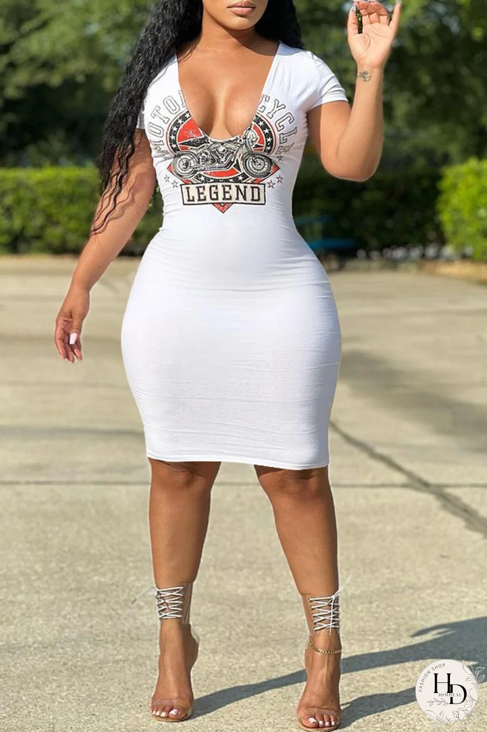 Tangerine Red Fashion Print Patchwork V Neck Pencil Skirt Dresses