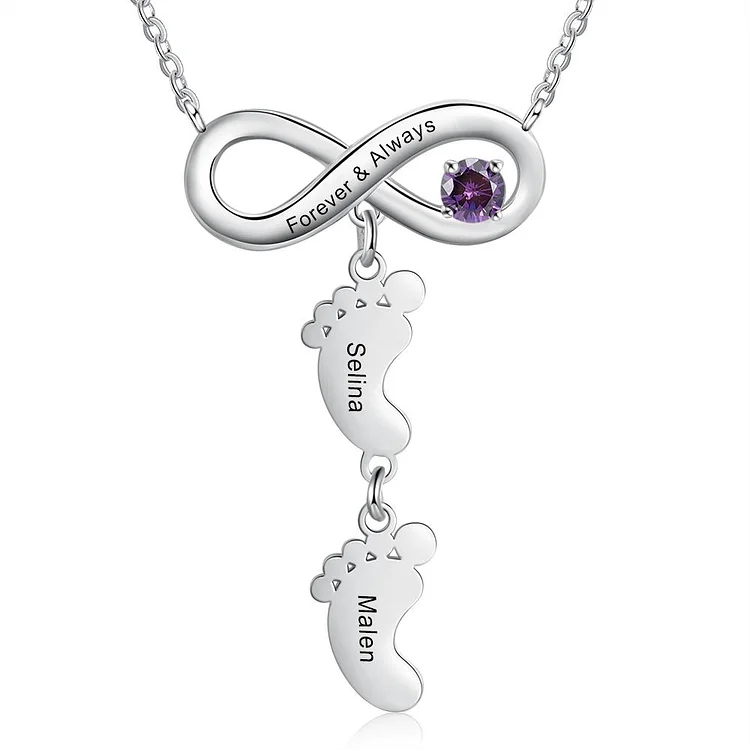 Infinity Baby Feet Necklace Mother Necklace with 2 Kid's Names and Birthstone
