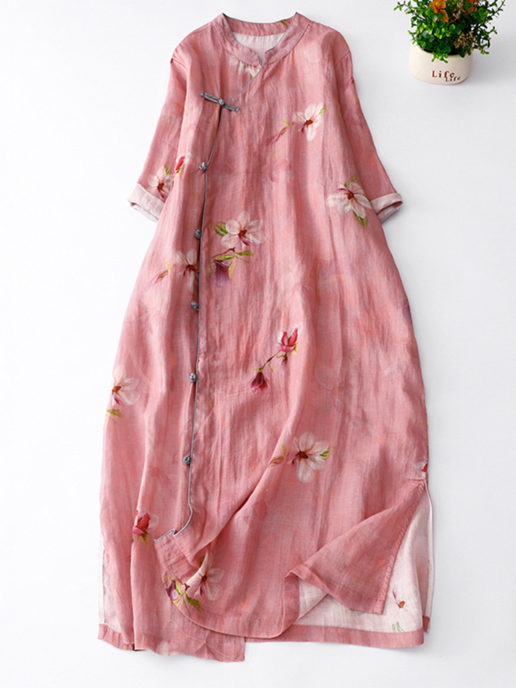 Comstylish Vintage Japanese Art Floral Cotton Linen Maxi Dress