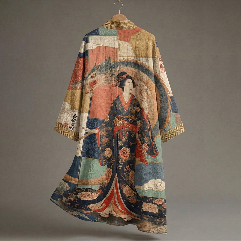 Vintage Elegant Japanese Geisha With Dragon Art Linen-blend Long Kimono elevenforest