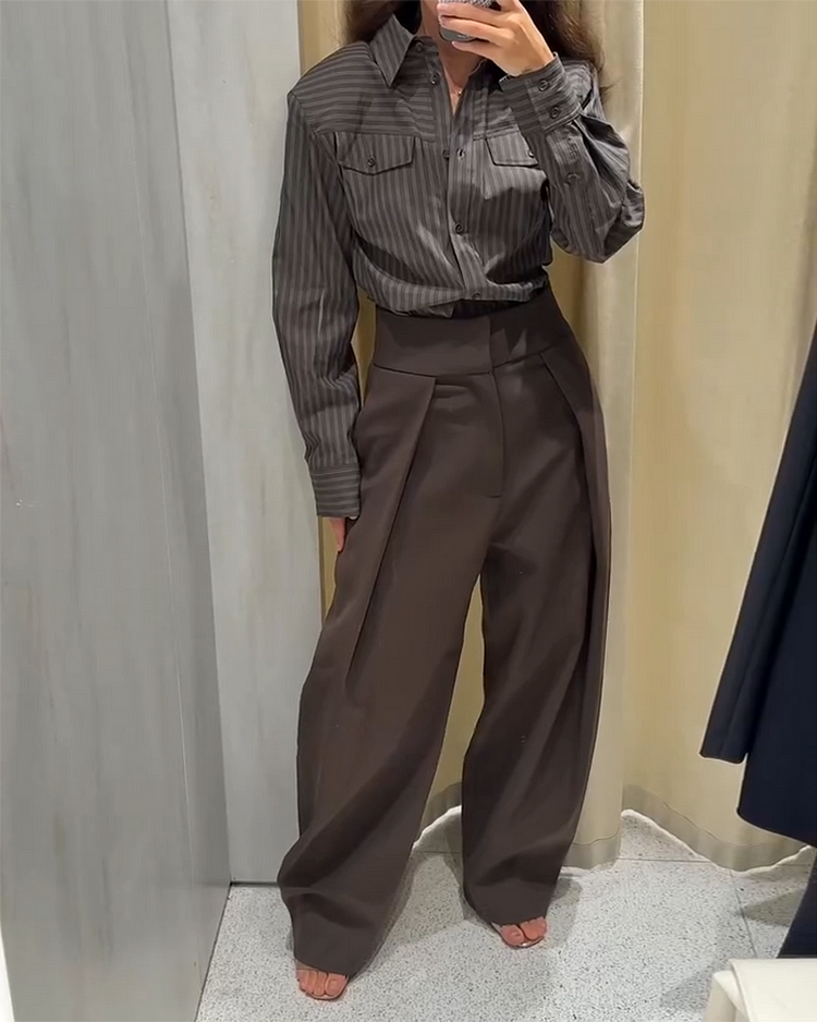 Lapel Striped Print Top and Pants Two-piece Set