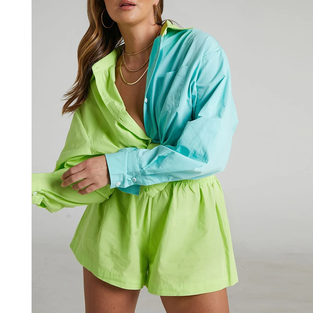 2023 Women Tracksuit Y2K Two Piece Set Green Long Sleeve Shirt and Mini Shorts Female Summer Suits Lady Fashion Outfits