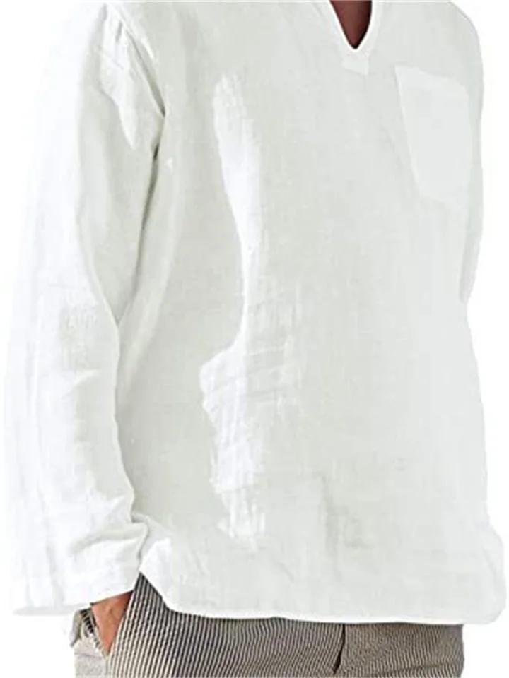 Men's Sports Comfortable Long-sleeved V-neck Casual Beach Linen Four Seasons Shirt Men-Cosfine