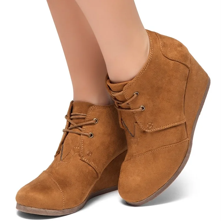 Tan Vegan Suede Lace Up Wedge Booties Ankle Boots |FSJ Shoes