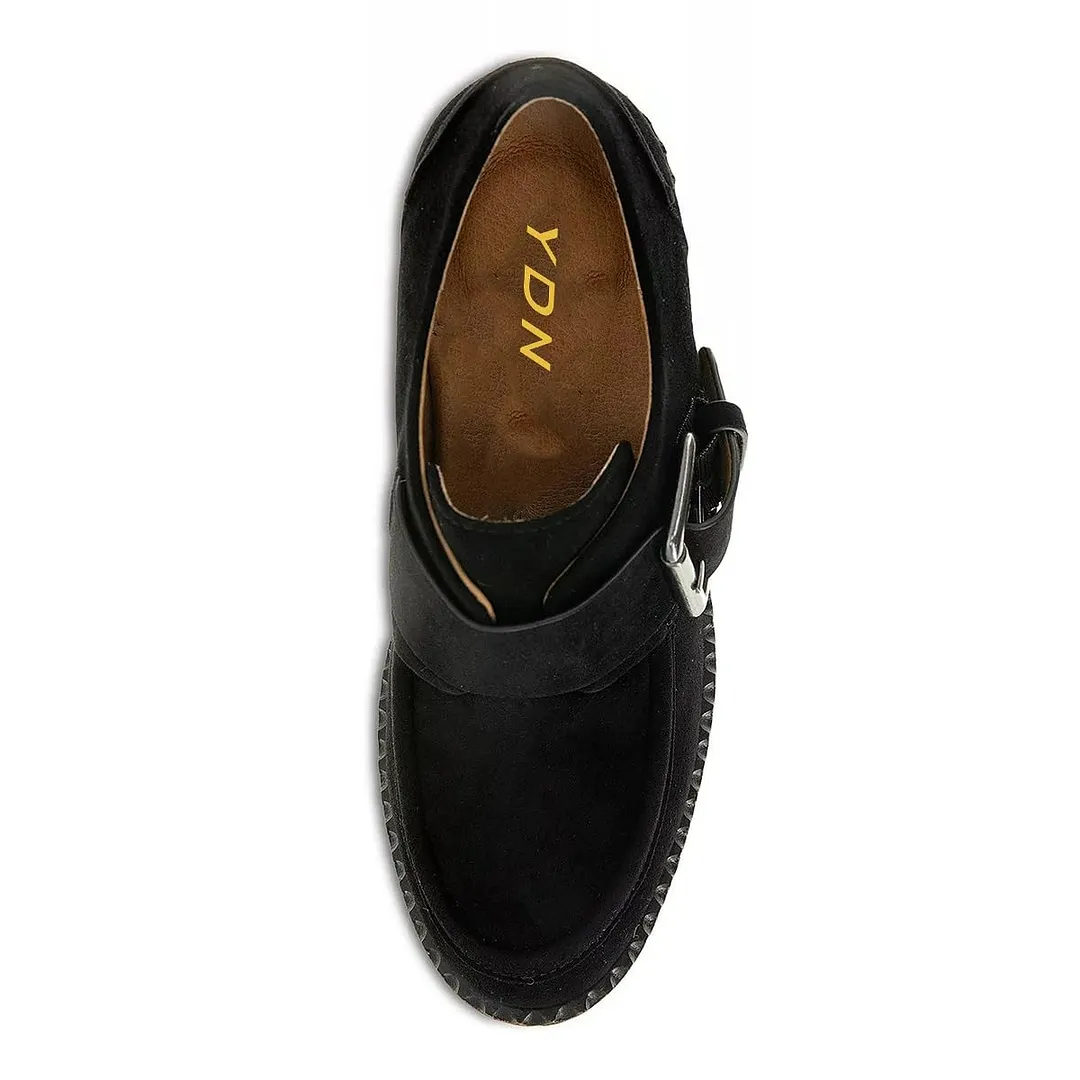 Black Vegan Suede Block Heel Round Toe Buckle Strap Women's Loafers