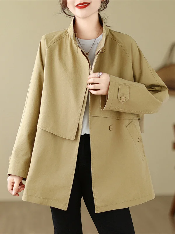 Split-Joint Solid Color Pockets Buttoned Asymmetric Loose Long Sleeves Stand Collar Trench Coats Outerwear