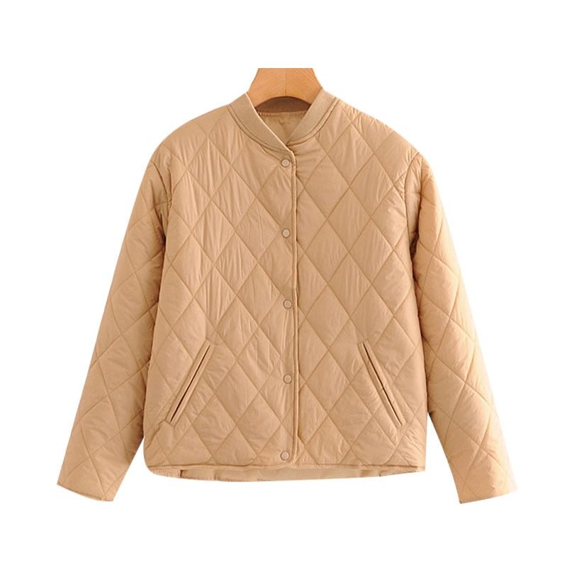 KPYTOMOA Women 2020 Fashion Argyle Loose Padded Jacket Coat Vintage Long Sleeve Side Pockets Female Outerwear Chic Tops