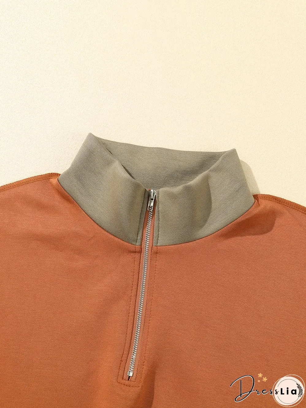 Khaki Zippered V-Neck Color Block Sweatshirt