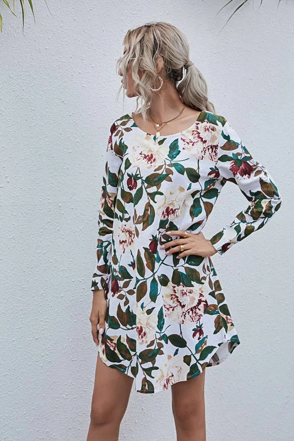 Fashion Round Neck Floral Print Shirt Dress