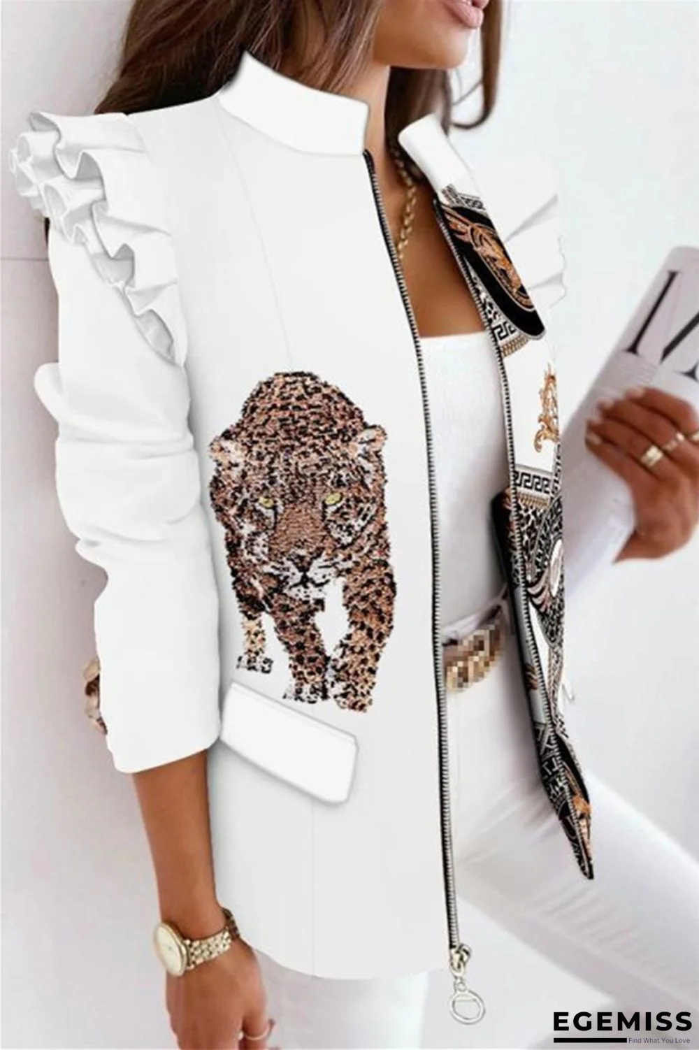 White Casual Print Patchwork Flounce Zipper Collar Outerwear | EGEMISS