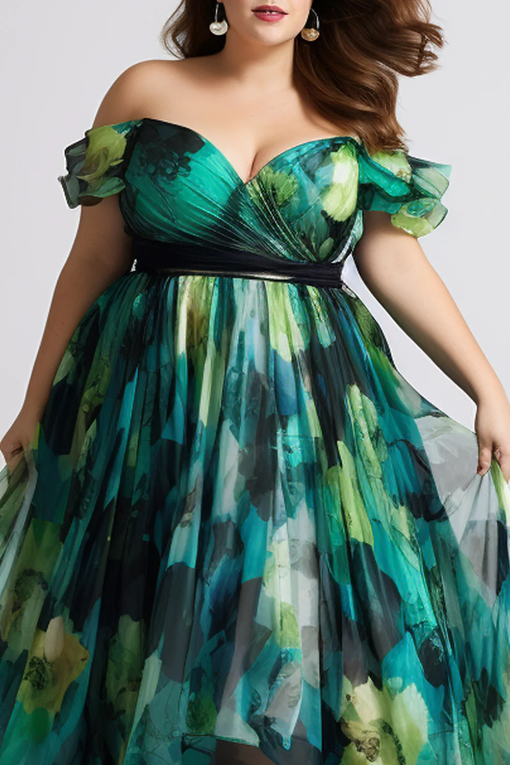 Flycurvy Plus Size Wedding Guest Dark Green Chiffon Floral Print Off The Shoulder High Low Hem Maxi Dress