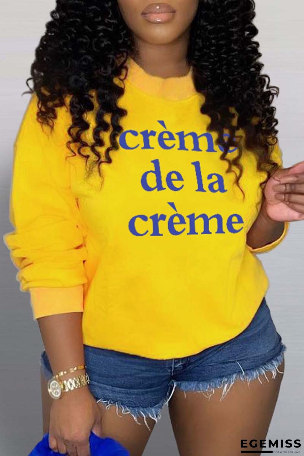 Yellow Casual Letter Print Basic O Neck Tops | EGEMISS