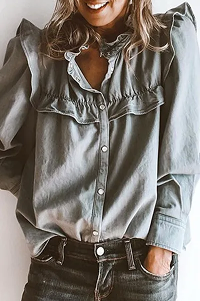 Casual Solid Buckle Flounce Mandarin Collar Blouses