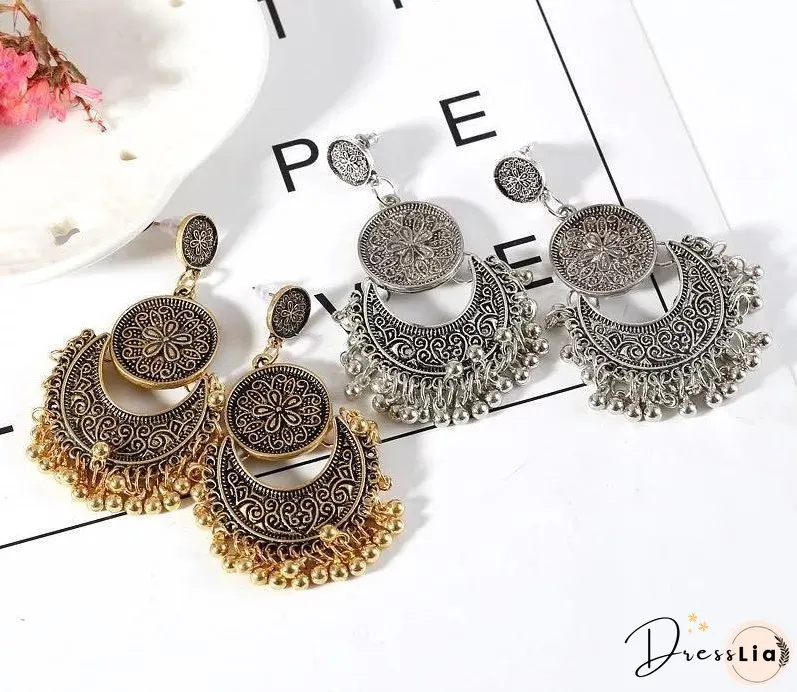 3 Colors Bohemian Indian Antique Moon Shape Carved Flower Tassels Earrings