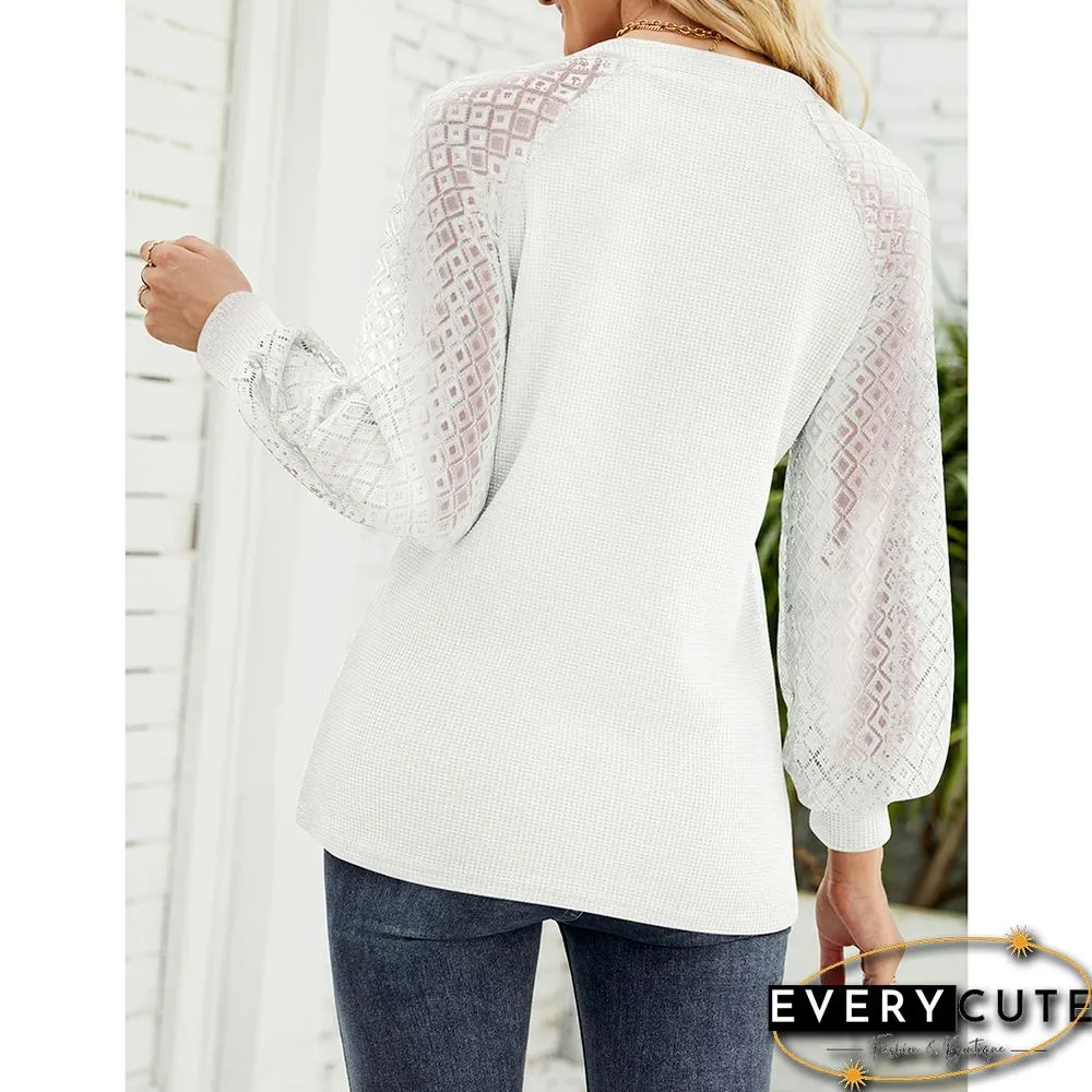 White Splicing Lace Long Sleeve V Neck Tops