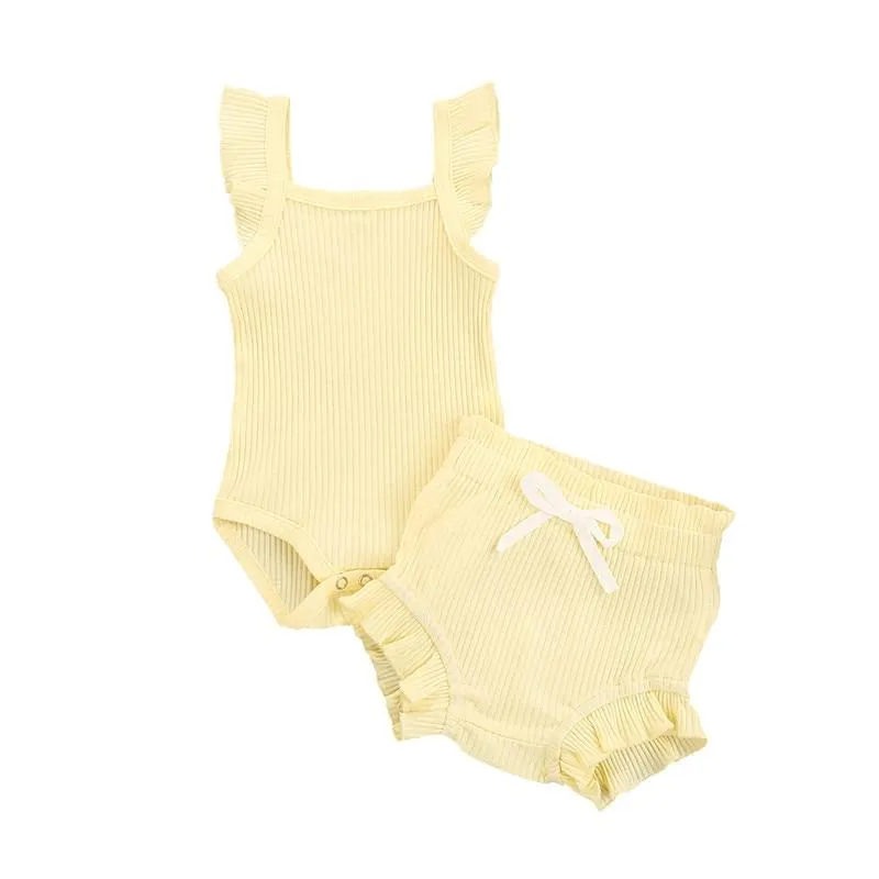 2021 Baby Summer Clothing Baby Girl Tops, Lace Up Pants Suit, Square Neck Short Ruffle Sleeve Romper, Loose Flouncing Shorts