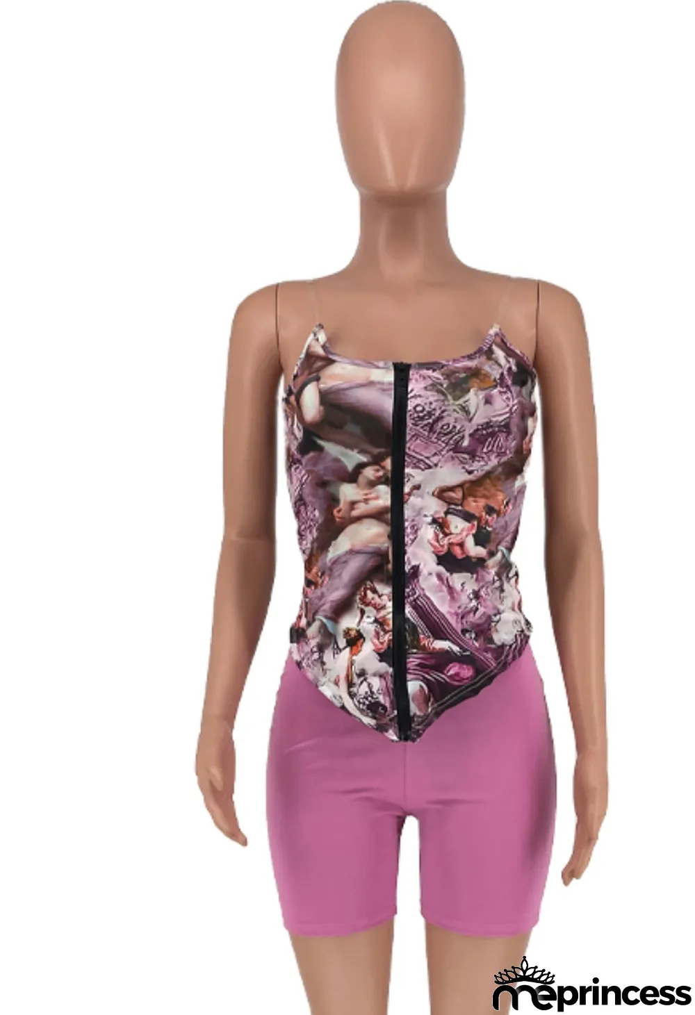 Summer Sexy Purlple Printed Fitted Strapless Top and Matching Shorts Set