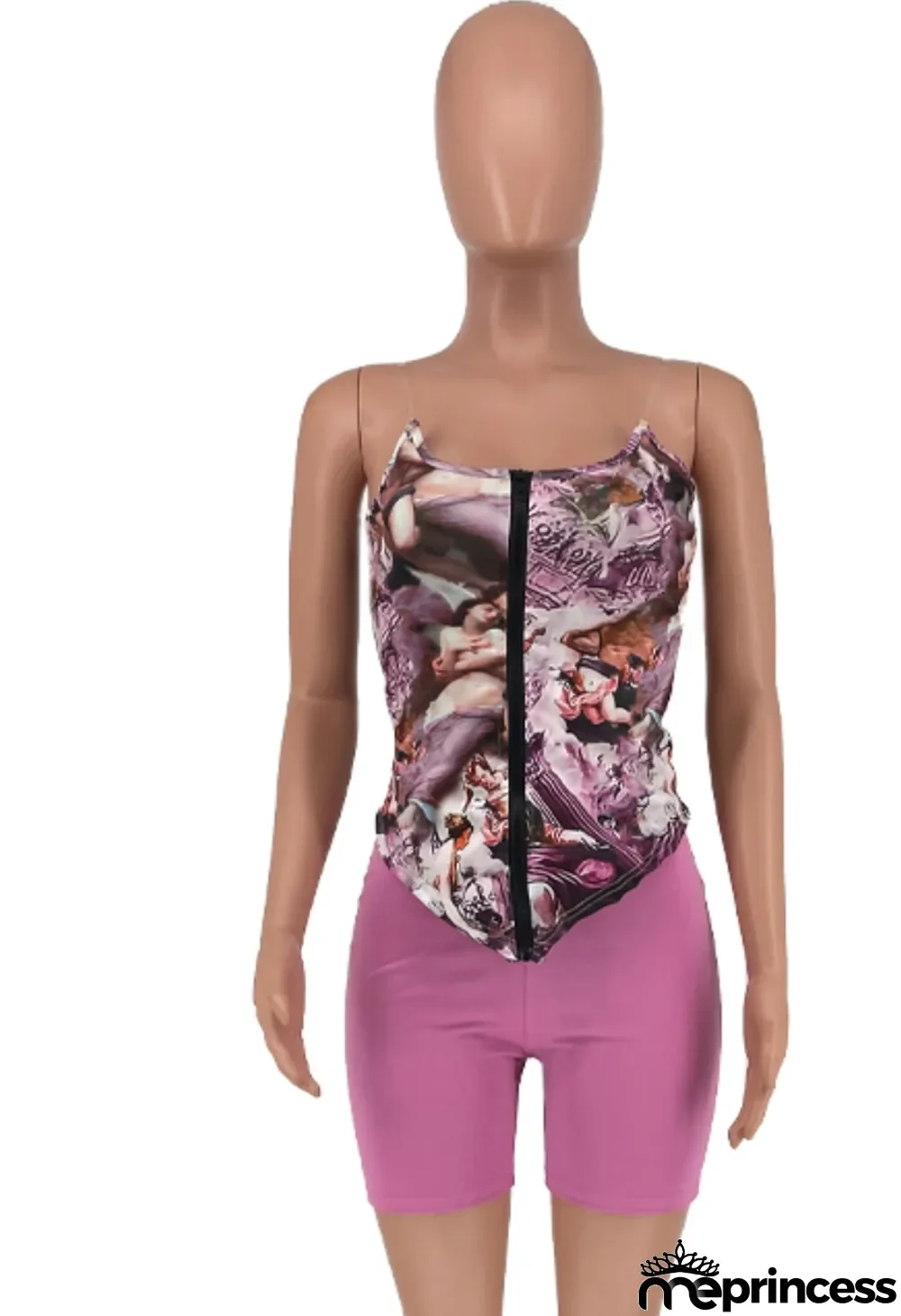 Summer Sexy Purlple Printed Fitted Strapless Top and Matching Shorts Set