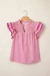 Women's Elegant Rose Stripe Shirred Yoke Ruffled Short Sleeve Blouse Top
