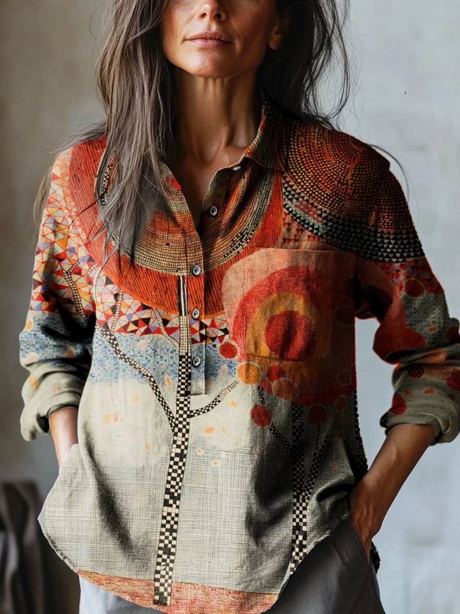 Women's Vintage Floral Art Print Casual Cotton And Linen Shirt