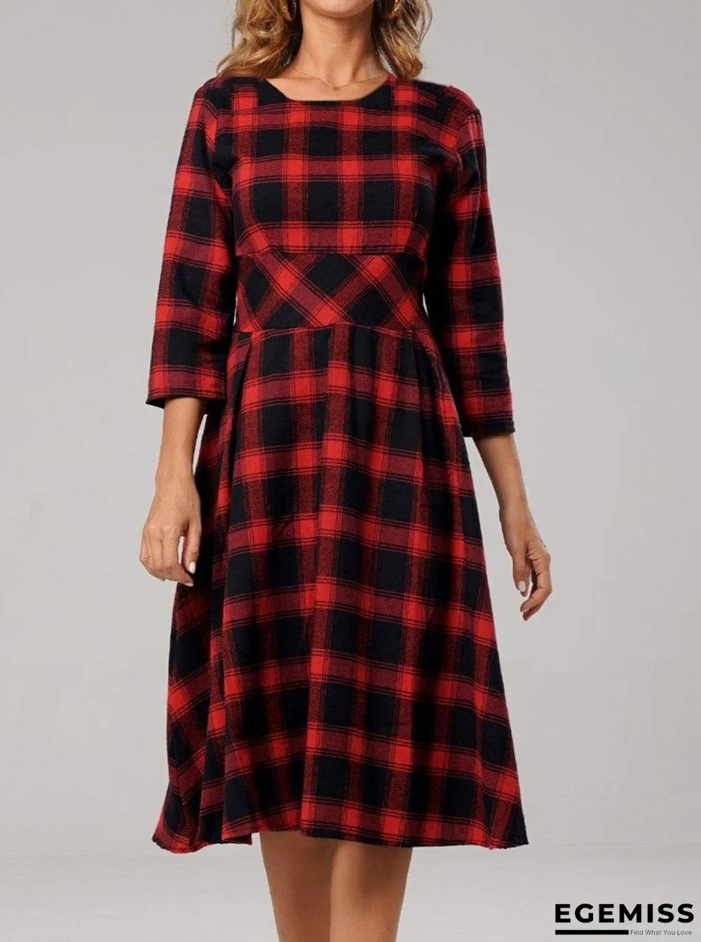 Casual Plaid Crew Neck Long Sleeves Shift Dress | EGEMISS