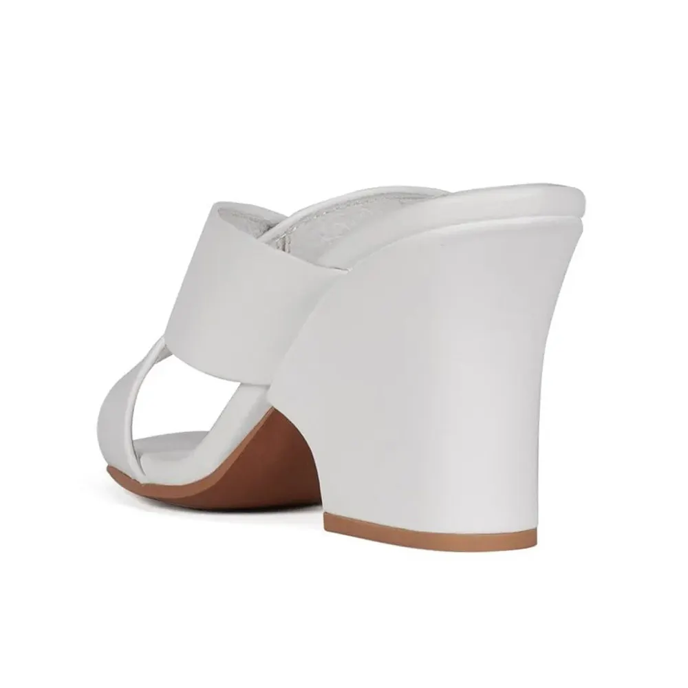 Round Toe Block High Heel Cross Strap White Mules for Women