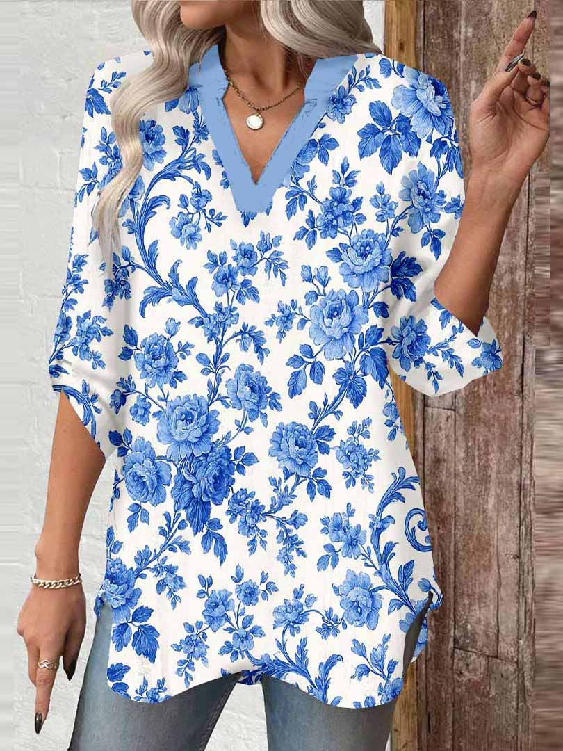Women Tropical, Blue DZGA0105 3/4 Sleeve V-neck Printed Graphic Button Tops