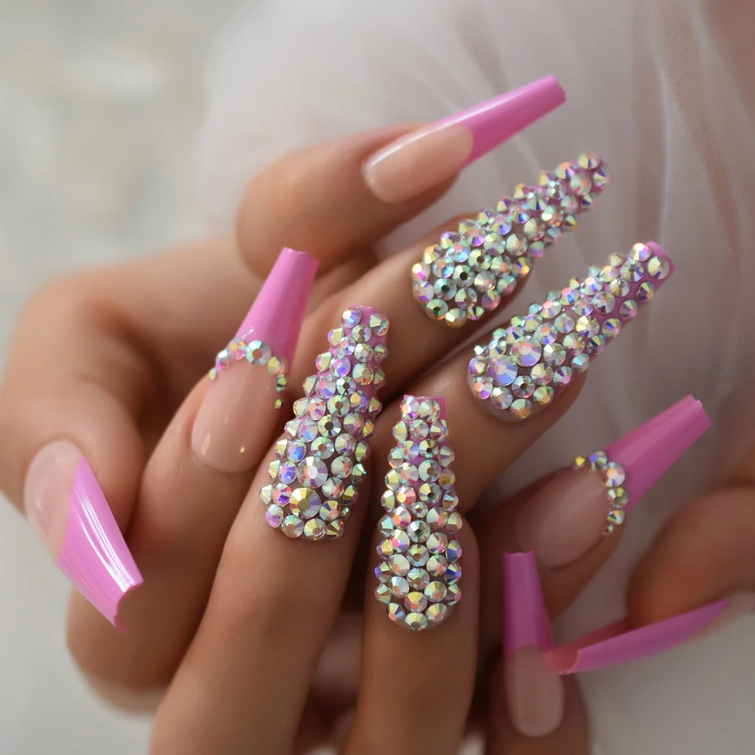 Extra Long Fake Nails False Set Press On Tips Ombre 3D Bling Nails With Rhinestones Coffin Ballerina Nail Art-Nail Inspo