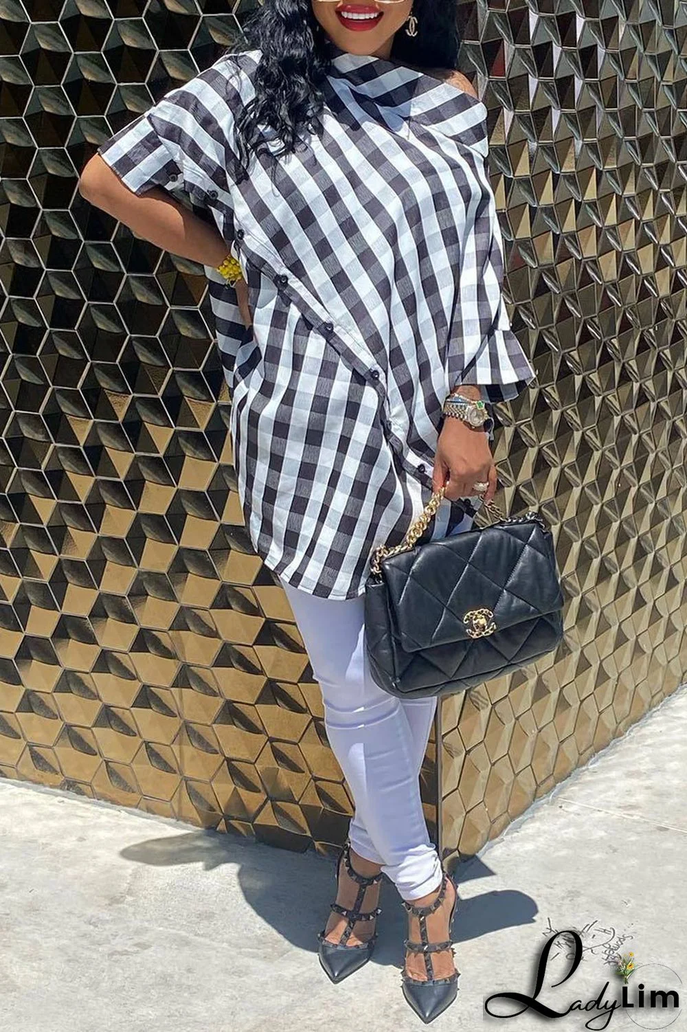 Black Casual Plaid Print Patchwork Asymmetrical Oblique Collar Tops