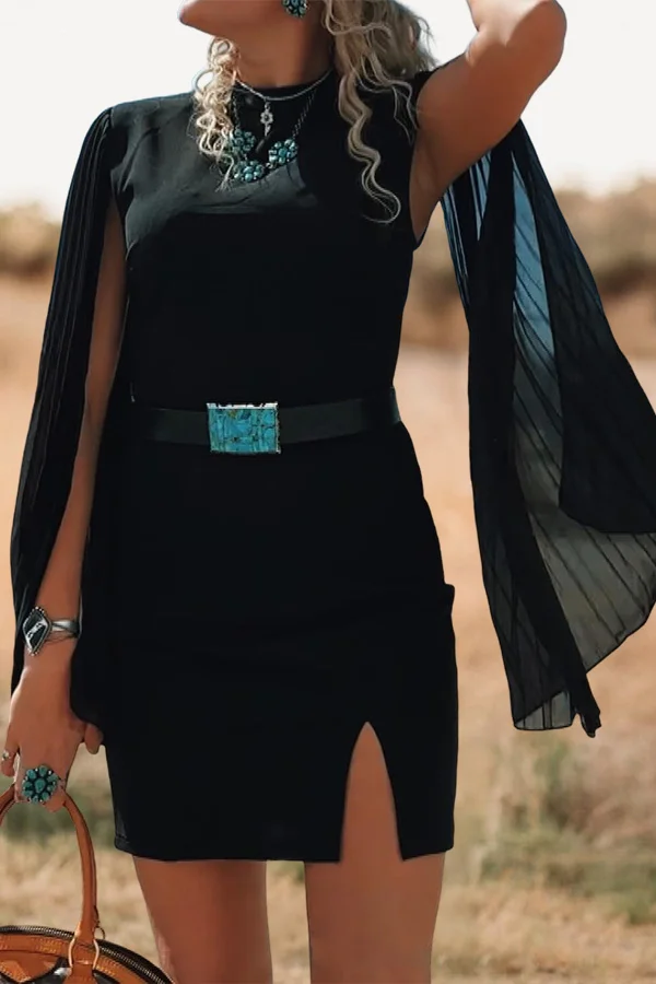 Pleated Chiffon Sleeve Dress