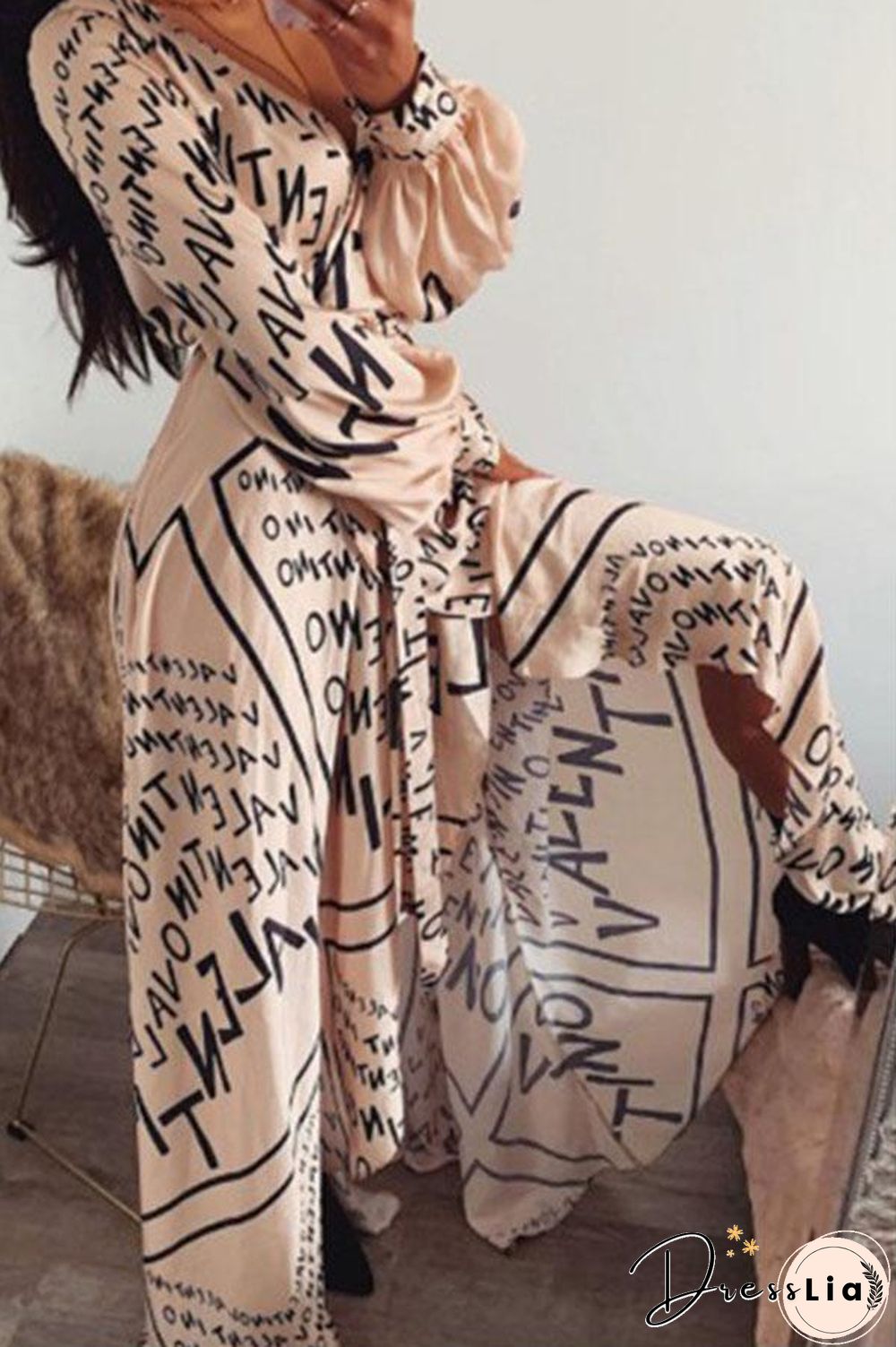 Sexy Printed Waist Fashion Slit Dress P14669