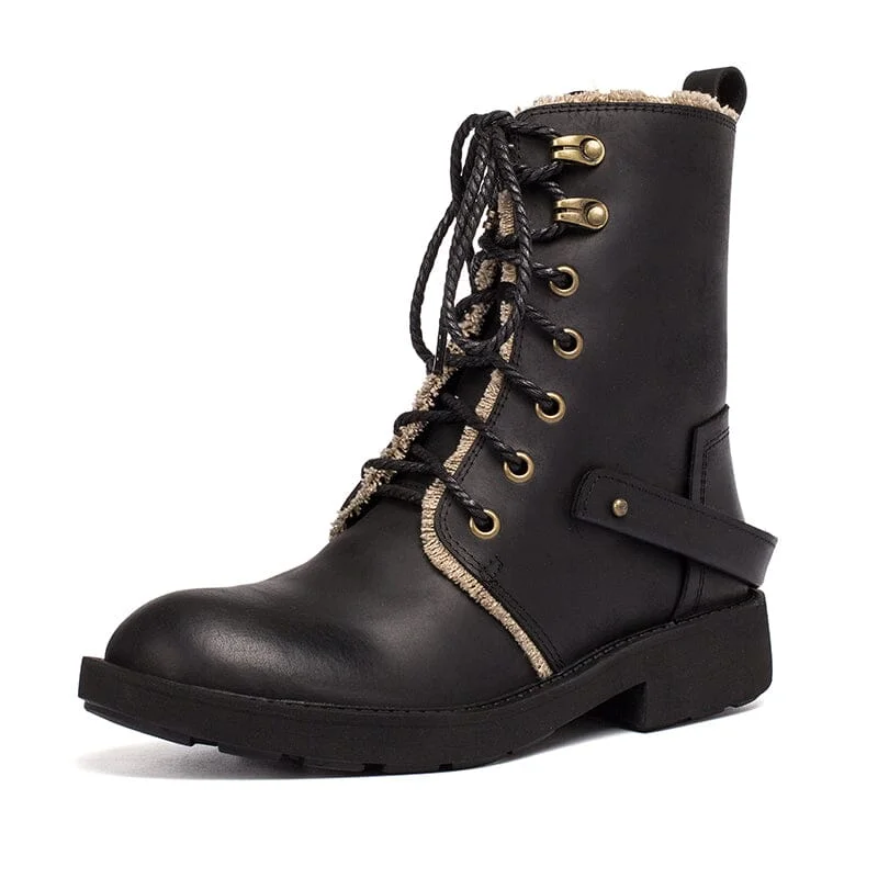 Crazy Horse Leather Combat Boots Designer Retro Chunky Riding Boots Dark Coffee/Black