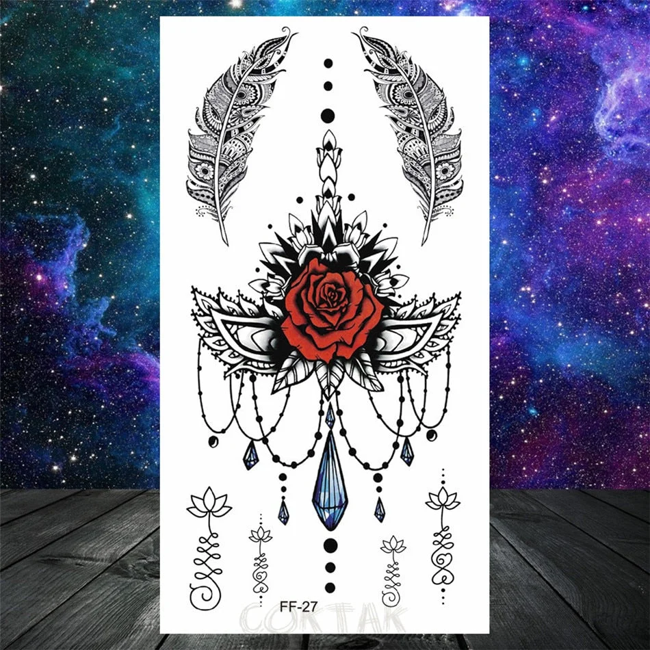 Owl Moth Jewelry Temporary Tattoo For Women Men Mandala Henna Flower Tattoo Mehndi Fake Pendants Geometric Tatoo Chest Back Lace