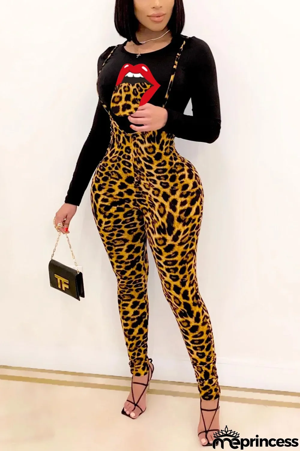 Grey Fashion Casual Leopard Lips Printed Basic O Neck Long Sleeve Regular Sleeve Regular Two Pieces