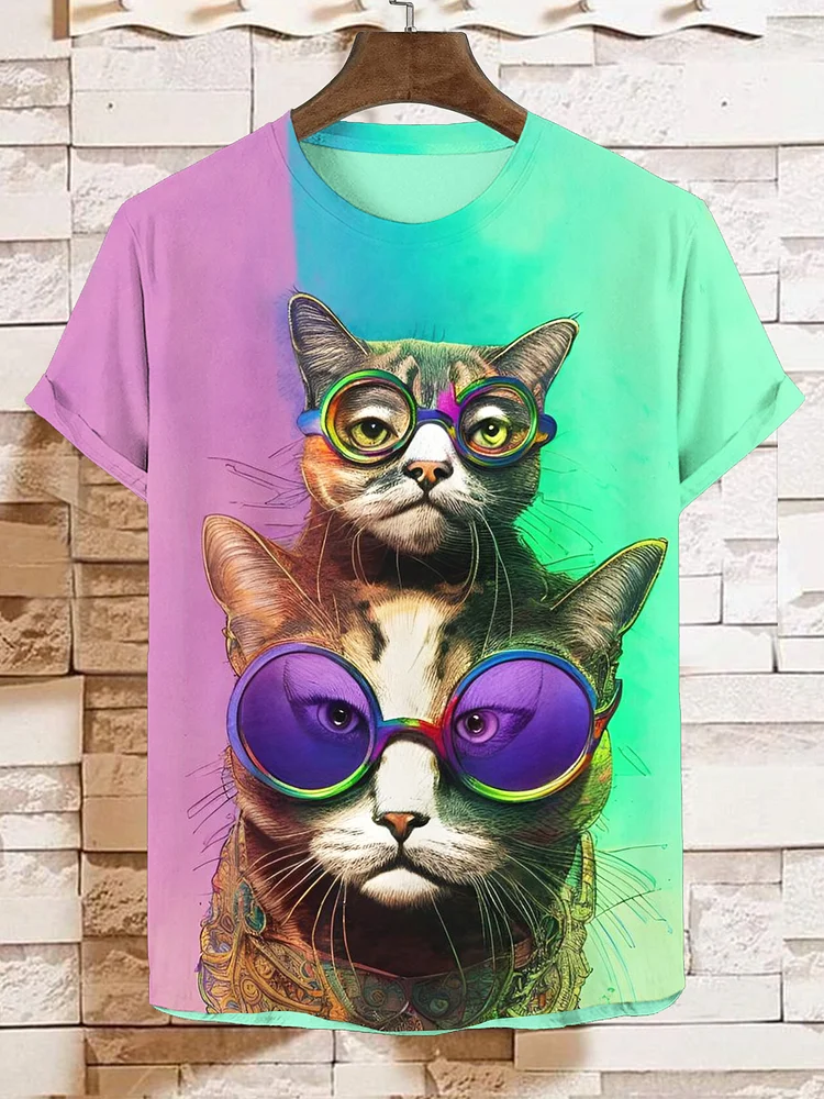 Men's Funny Cat Wearing Glasses Art Print Casual T-Shirt